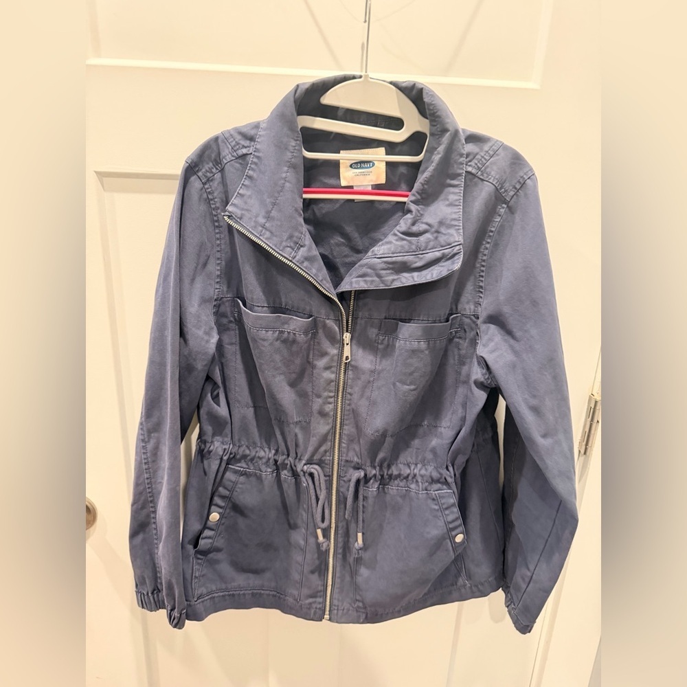 Old Navy Utility Jacket Large Blue Zip Drawstring Waist Cotton